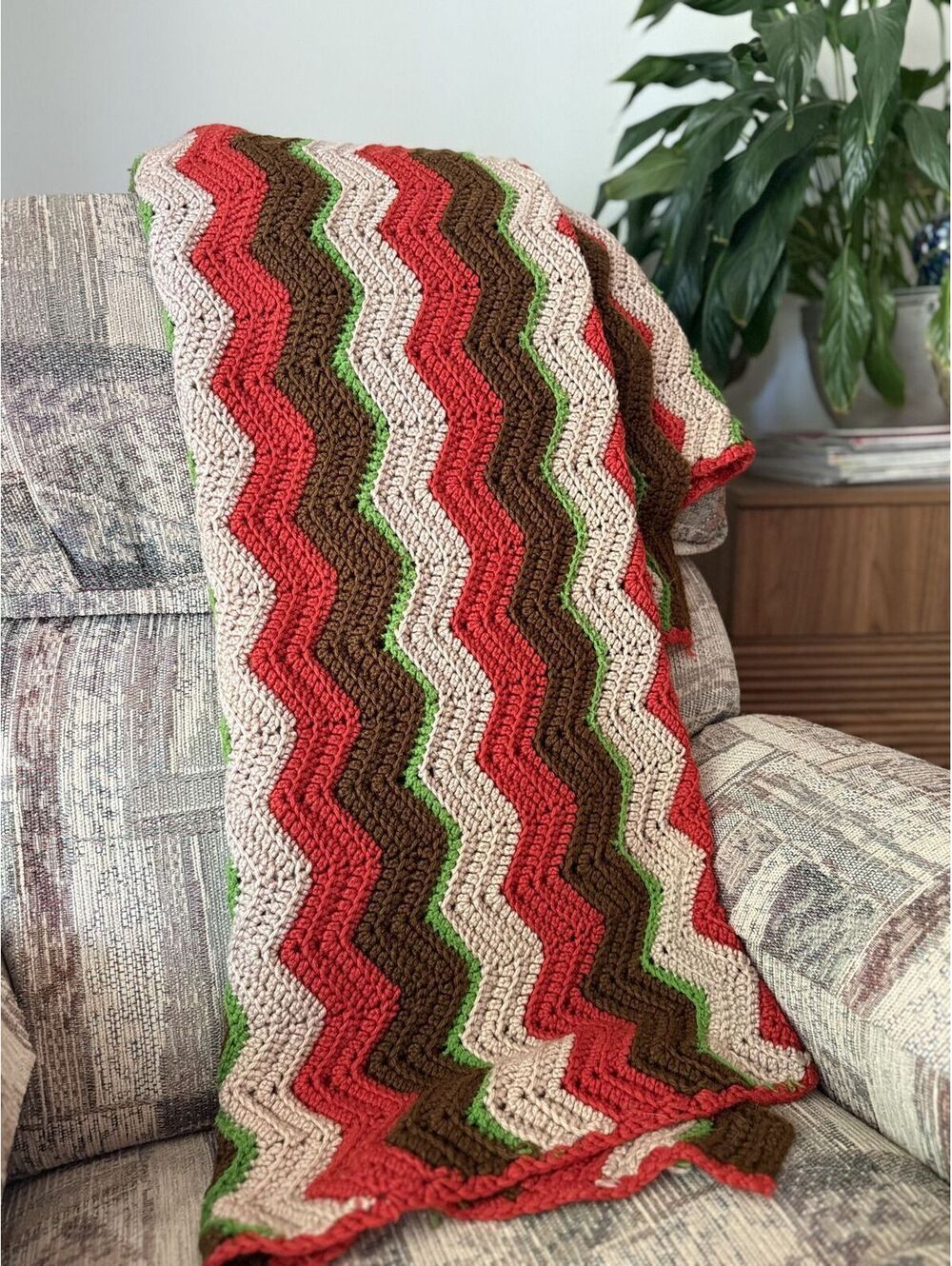 Vintage 70s Handmade Crochet Chevron Afghan Blanket Brown Red Pink Green